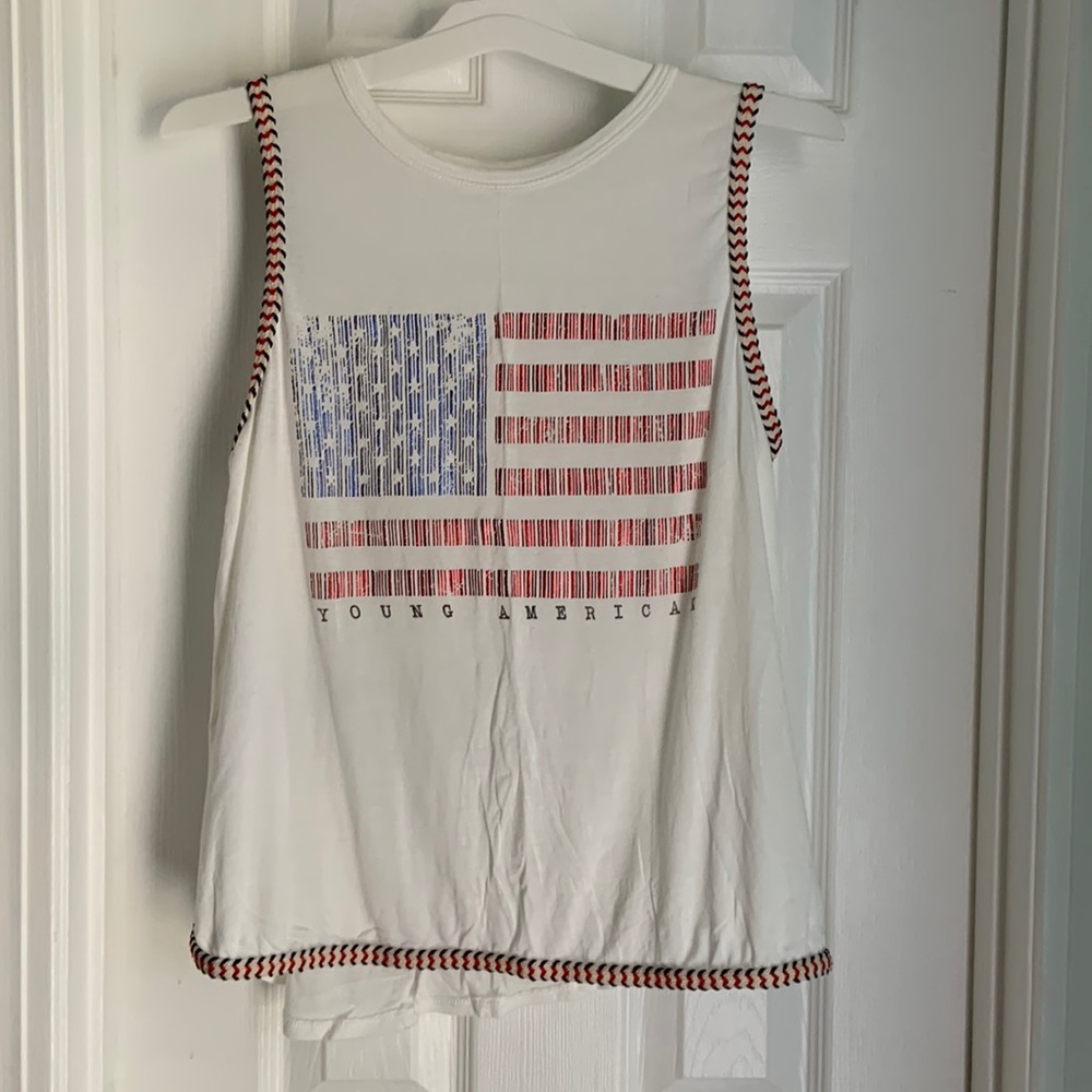 Red, white, and blue “young american” with American flag tank top